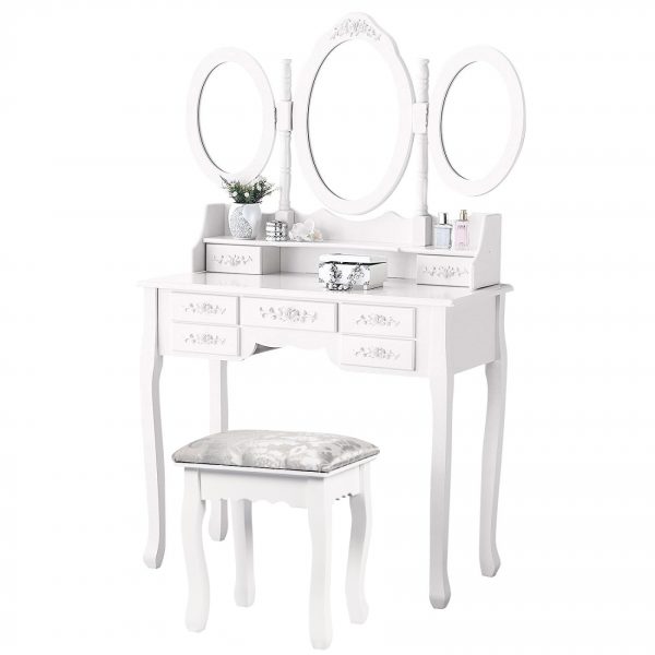 Schminktisch Make-up Schminktisch Toilette mit Spiegel und Hocker weiß - VDD World