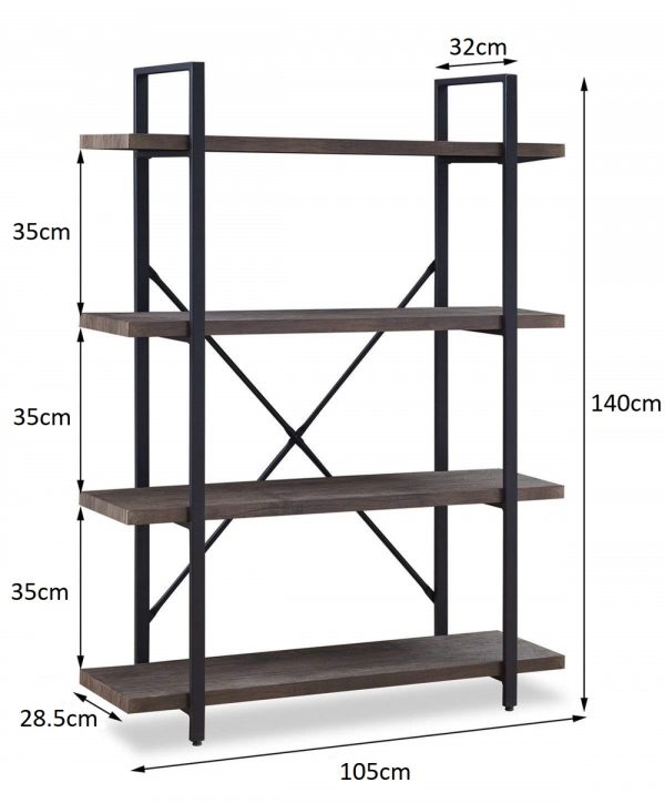 Wandschrank Robustes Metall, Holz, Industriedesign, offenes Bücherregal, 140 cm hoch, schwarz - VDD World