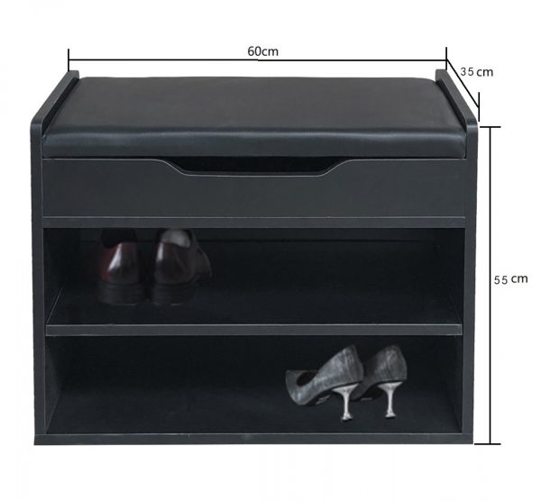 Schuhregal Hallenbank - offener Schuhschrank - mit klappbarem Sitzkissen - schwarz - VDD World