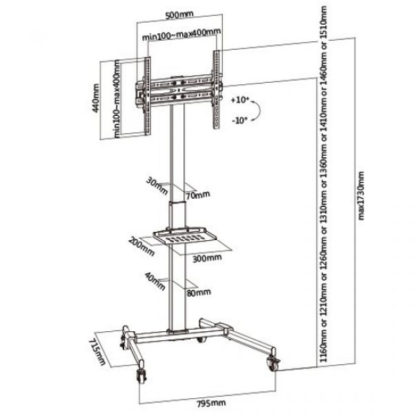 TV-Ständer - TV-Ständerfuß - mobil - höhenverstellbar von 116 cm bis 151 cm - VDD World