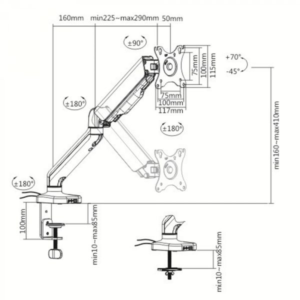 Monitorhalterung Gasfeder - Monitorarm - USB 2.0 und Multimedia-Anschluss - drehbar neigbar - VDD World