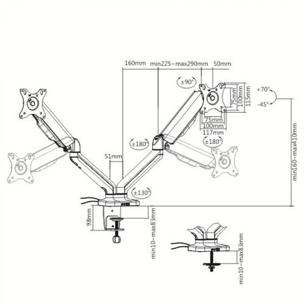 Monitorhalterung 2 Bildschirme Gasfedermechanismus - Monitorarm - USB 2.0 und Multimedia-Anschluss - VDD World