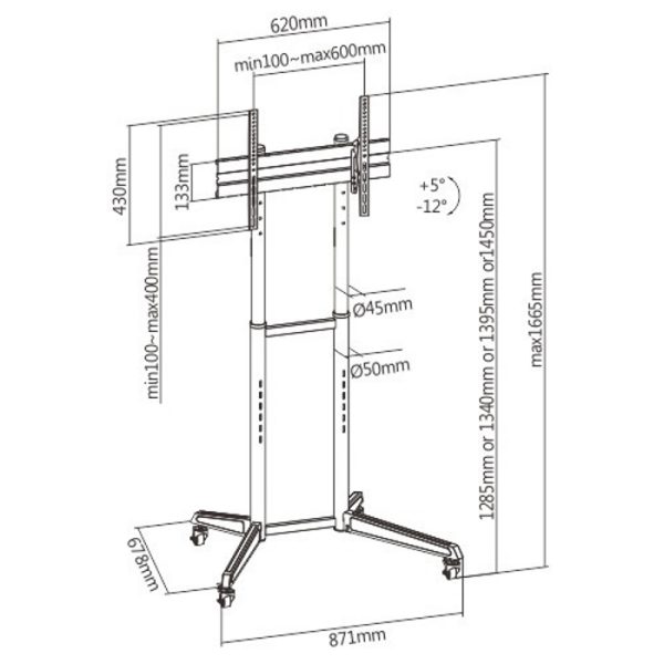 TV-Monitor Standard Stativ mobil - höhenverstellbar und neigbar - 166 cm hoch - VDD World