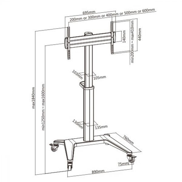 TV-Bildschirm Standardständer Premium - Mobil - höhenverstellbar bis 160 cm - 70 kg beladen - VDD World