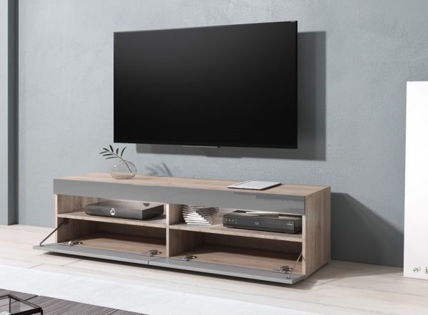 TV Möbel TV Schrank Kubrick 140 cm Korpus hellbraun Frontklappen grau - VDD World