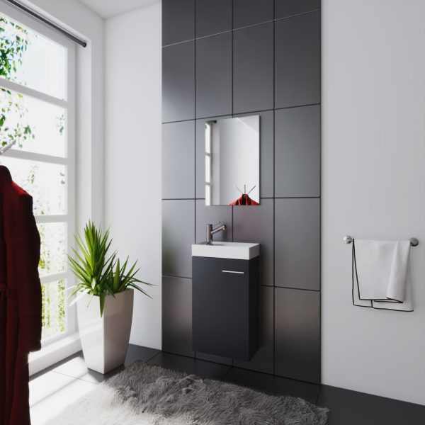 Waschbeckenunterschrank Garcia Möbel inklusive Spüle + Spiegel schwarz - VDD World