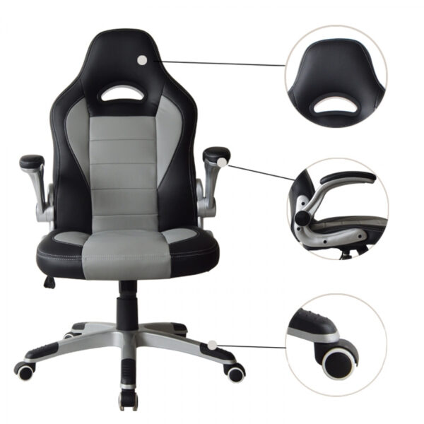   Bürostuhl Thomas – Gaming Stuhl – klappbare Armlehne – grau schwarz