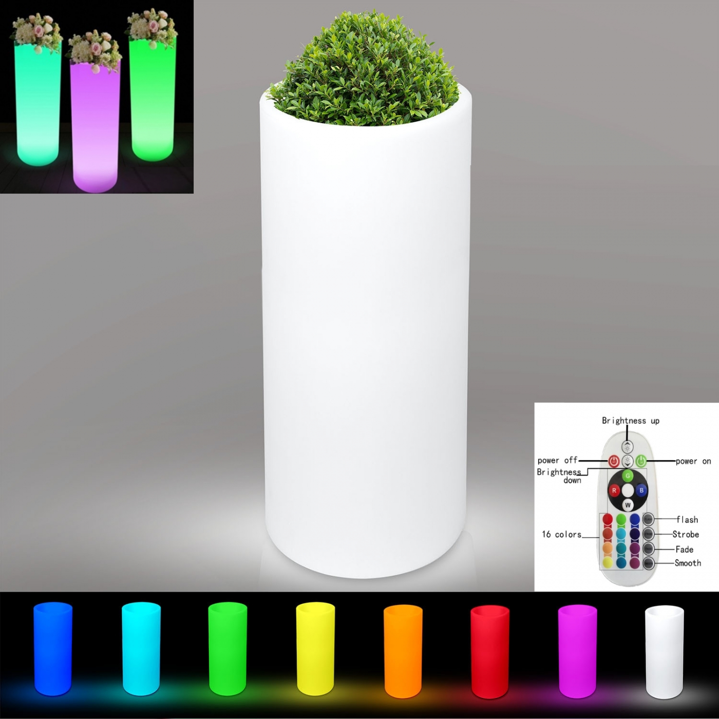 Pflanzgefäß Blumentopf rund LED Beleuchtung 16 Farben RGB weiß 74 cm hoch