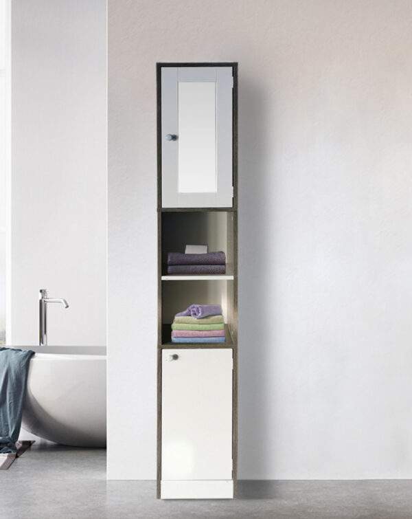  Säulenschrank Badezimmer – Aufbewahrungsschrank Badezimmer oder Flur – mit Spiegel – 180 cm hoch