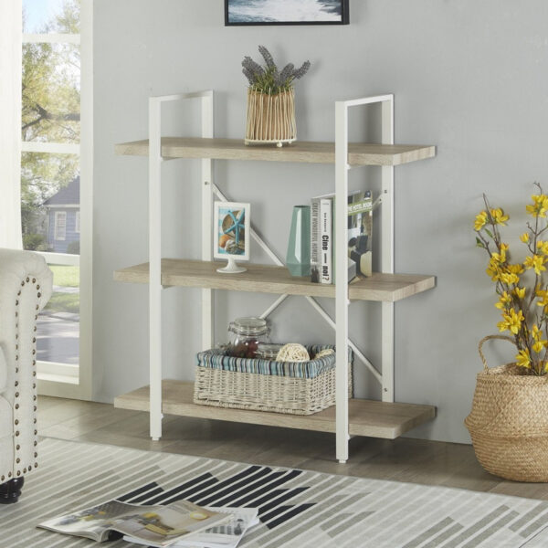   Wandschrank Offenes Bücherregal im Industriedesign aus robustem Metall und Holz, 101 cm hoch, weiß