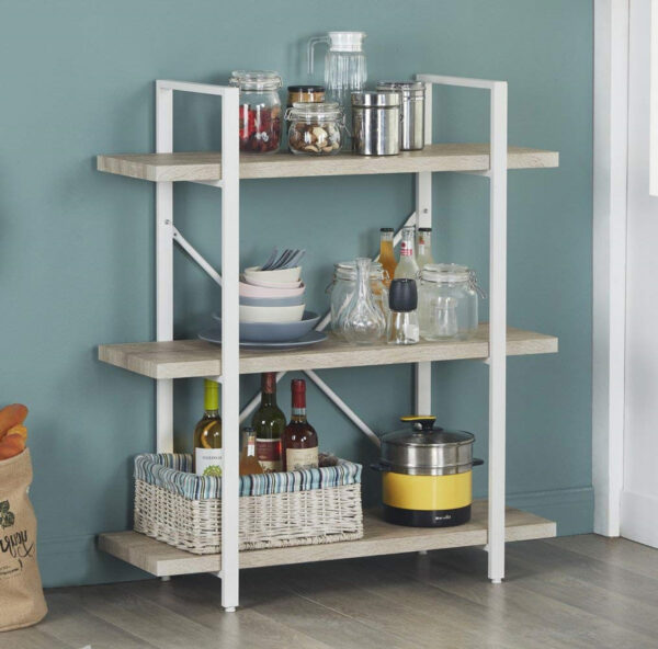   Wandschrank Offenes Bücherregal im Industriedesign aus robustem Metall und Holz, 101 cm hoch, weiß
