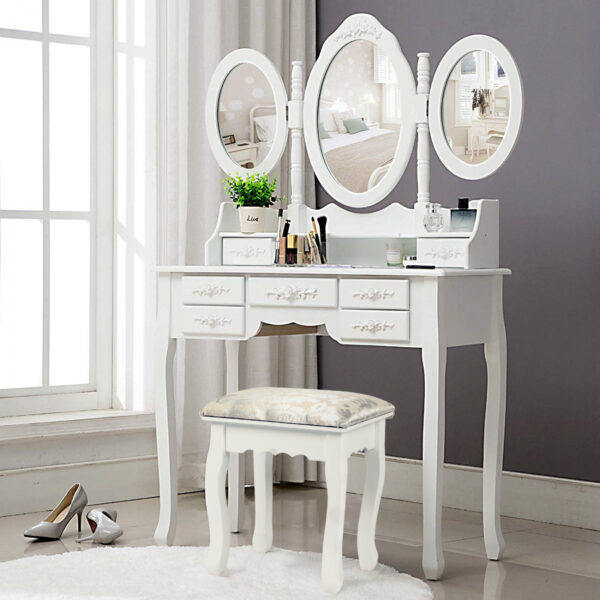   Schminktisch Make-up Schminktisch Toilette mit Spiegel und Hocker weiß