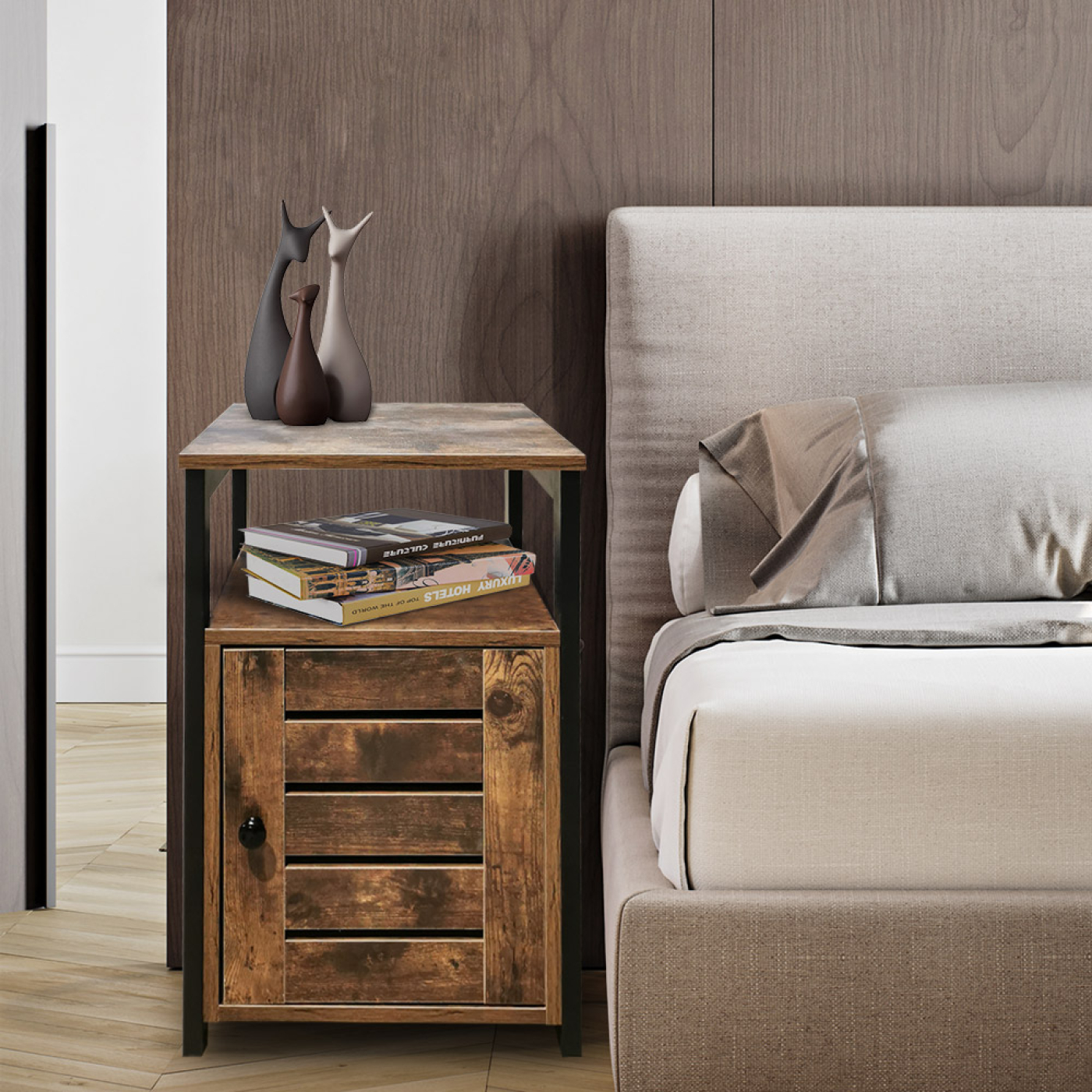 Nachttisch Industrial Tough Design - Flur Beistelltisch - schwarzes Metall braunes Holz - alternatives Bild