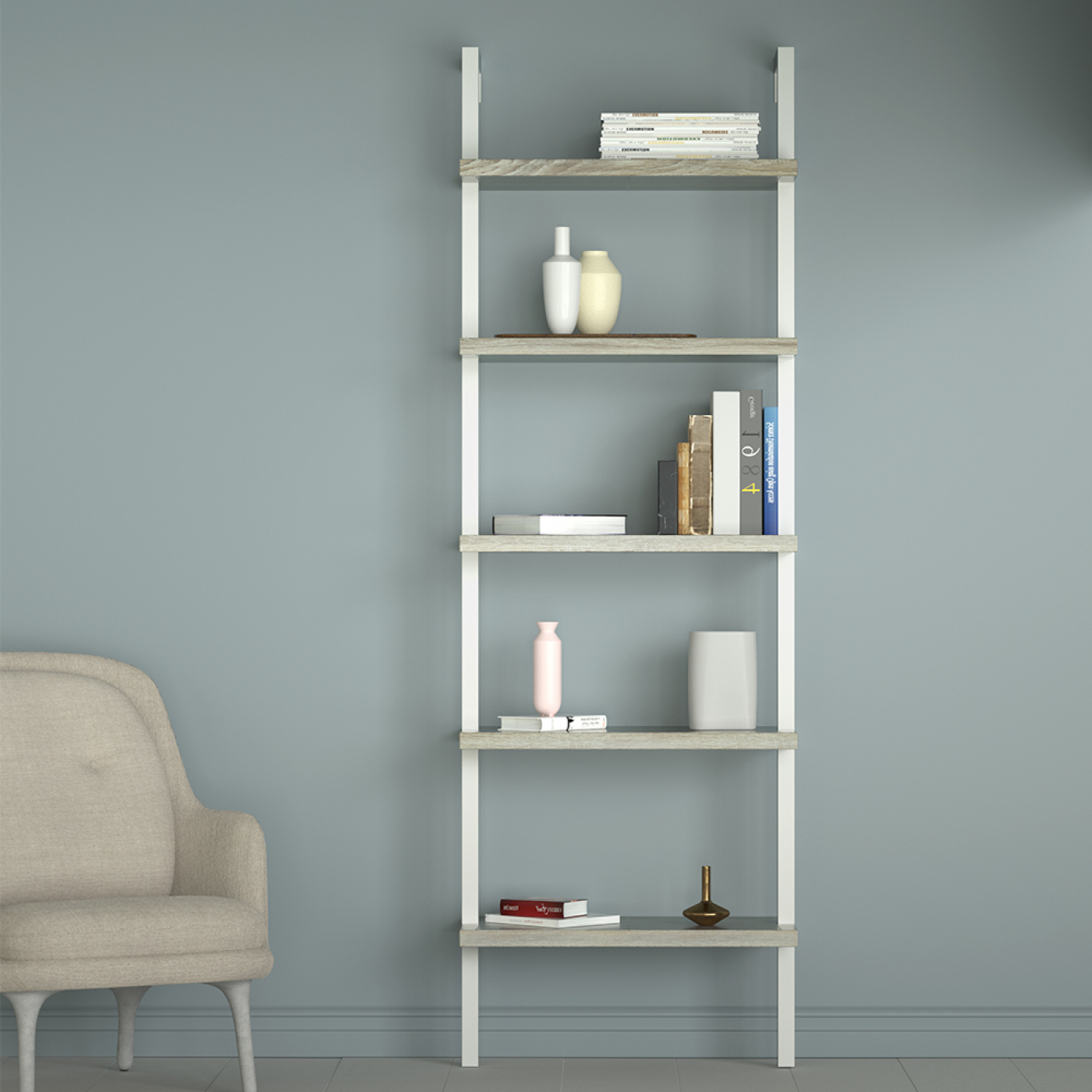Wandregal Leiter Bücherregal Tough - industrielles Metallholz - 184 cm hoch - weiß - alternatives Bild