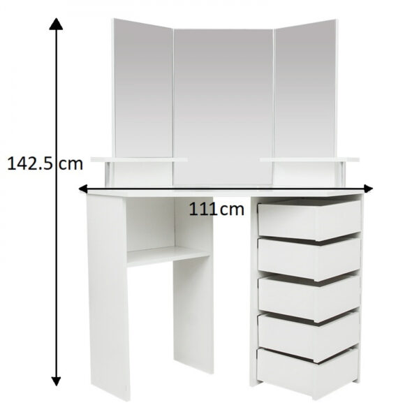 Eckschminktisch Make-up-Schminktisch mit 3 Spiegeln viel Stauraum 111 cm x 142 cm weiß - VDD World DE