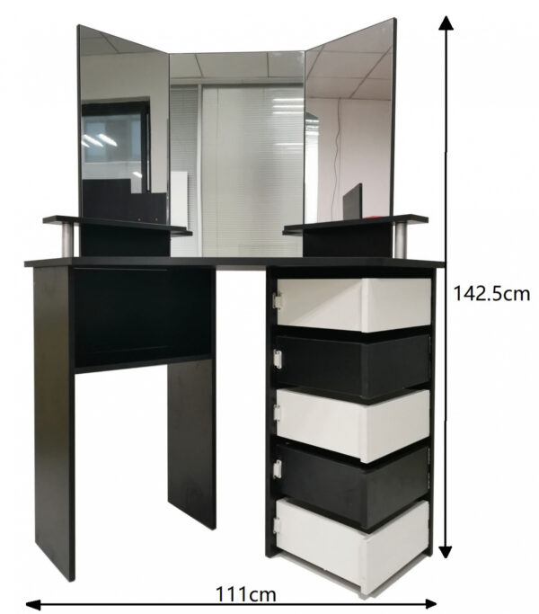   Ecke Schminktisch Make-up Schmink-Tisch mit 3 Spiegeln viel Stauraum 111 cm x 142 cm schwarz