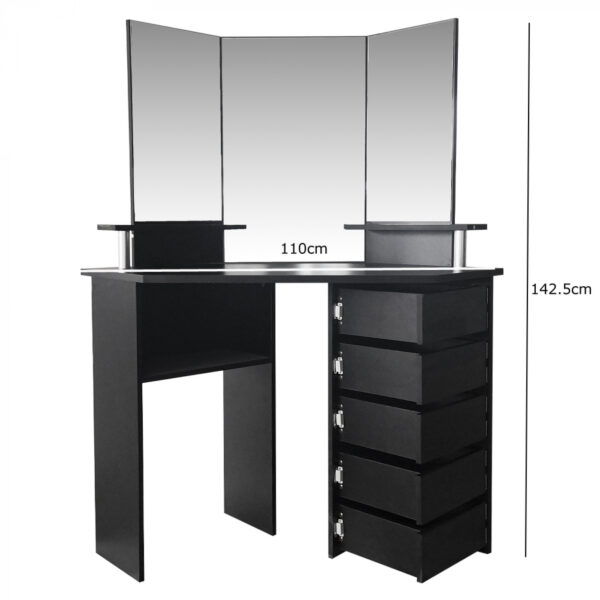  Ecke Schminktisch Make-up Schmink-Tisch mit 3 Spiegeln viel Stauraum 111 cm x 142 cm schwarz