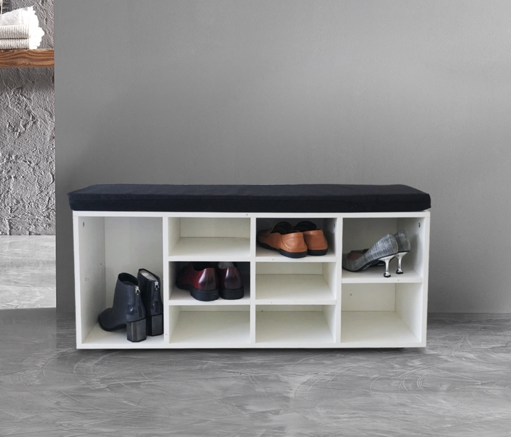 Schuhschrank Flurbank - offenes Schuhregal - mit Sitzkissen weiß - alternatives Bild