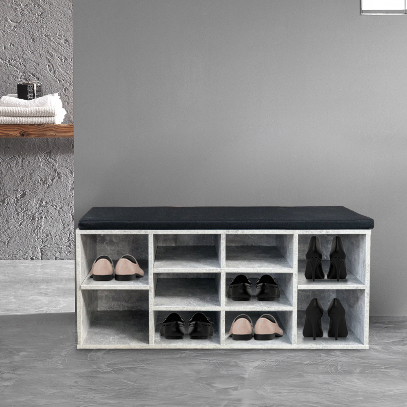 Schuhschrank Hallenbank - offener Schuhregal - mit Sitzkissen - industriell grau - alternatives Bild