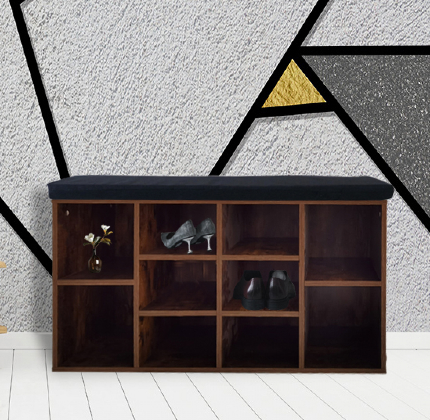 Schuhschrank Hallenbank - offener Schuhregal - mit Sitzkissen - braune Walnuss - alternatives Bild