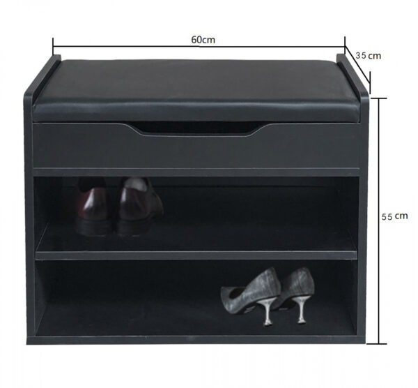 Schuhregal Hallenbank - offener Schuhschrank - mit klappbarem Sitzkissen - schwarz - VDD World DE