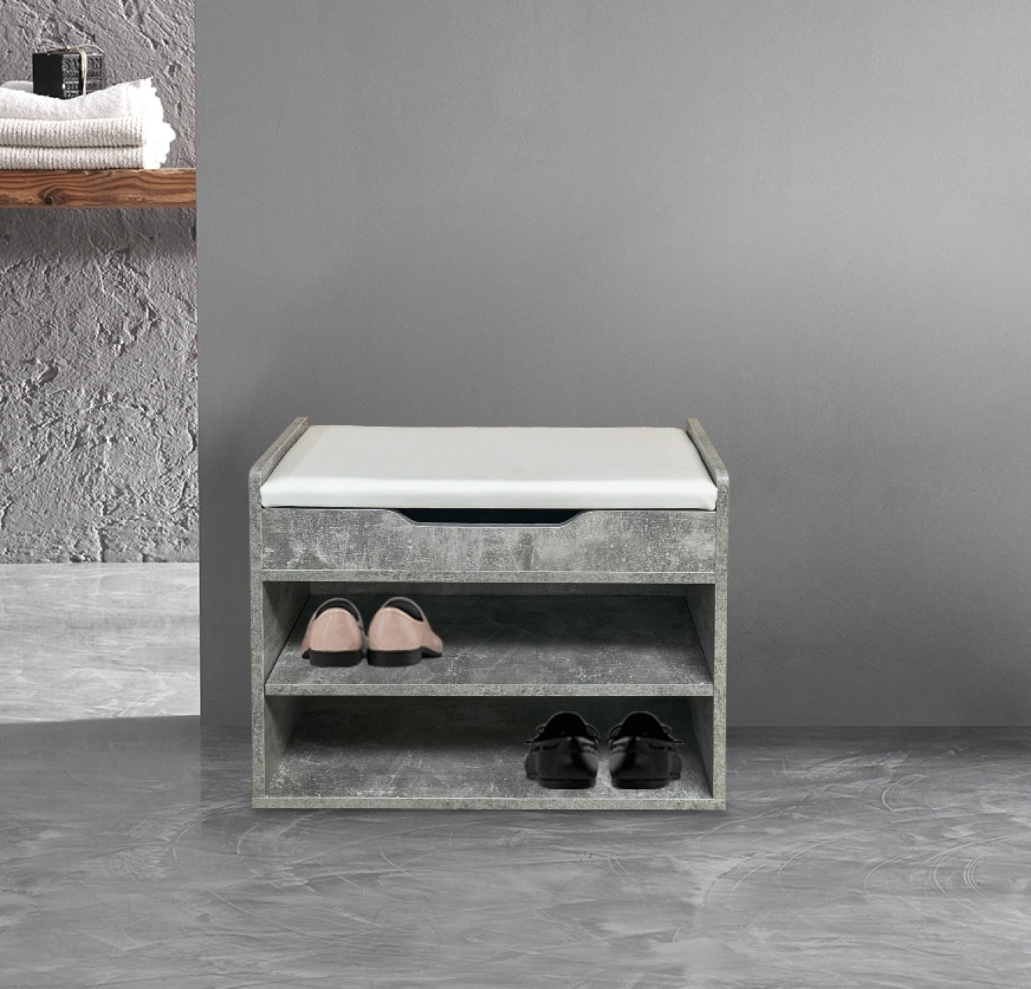 Schuhablage Dielenbank - offener Schuhschrank - mit klappbarem Sitzkissen - grau - alternatives Bild