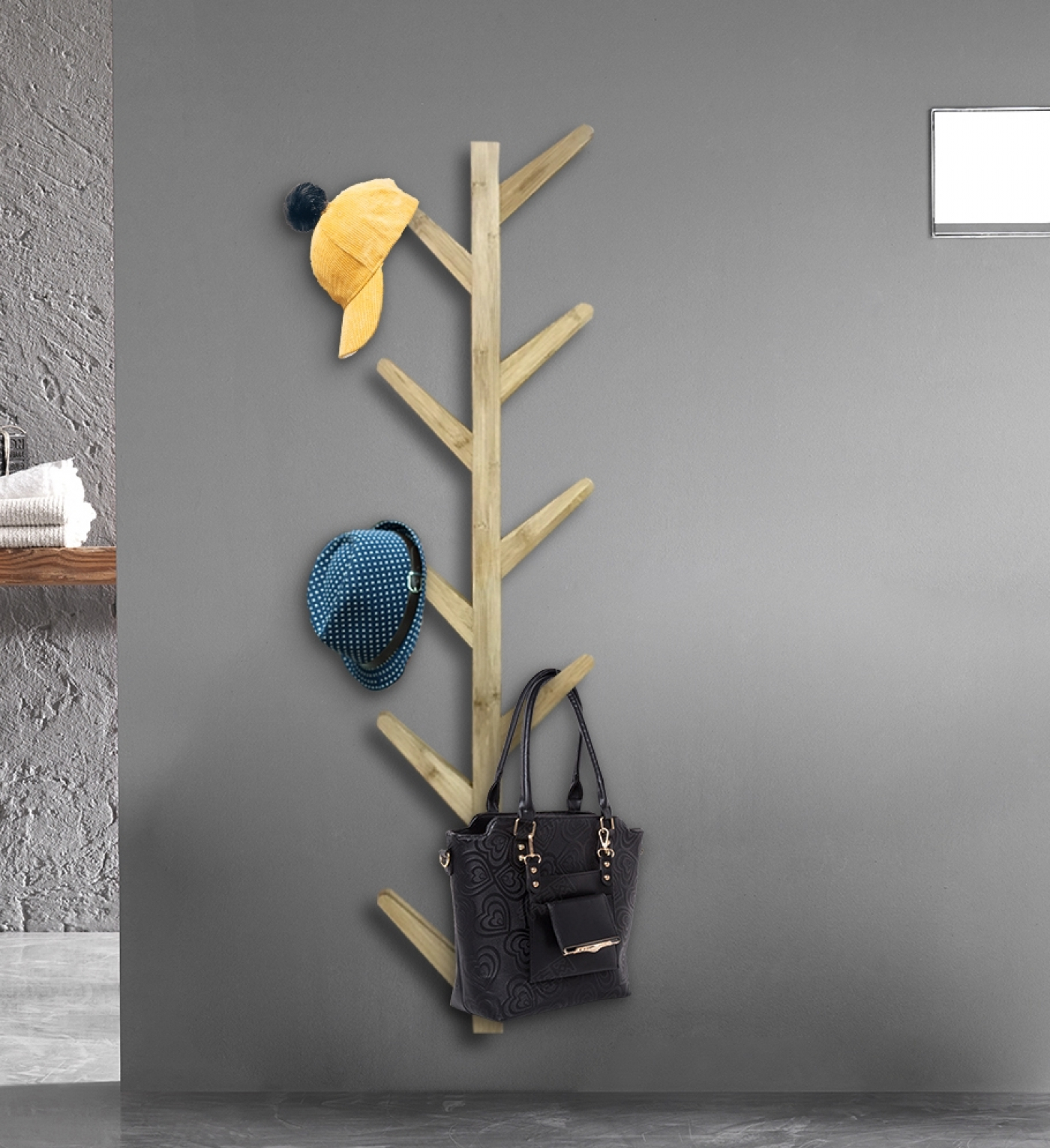 Wandgarderobe Baumstamm Ast Design - hängende Wandgarderobe - 125 cm hoch - 10 Haken - hellbraun - alternatives Bild
