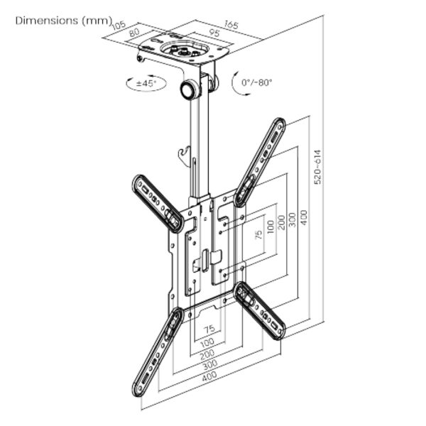 TV-Bildschirm zur Deckenmontage - zusammenklappbar, drehbar, neigbar - 23 bis 55 Zoll - VDD World DE