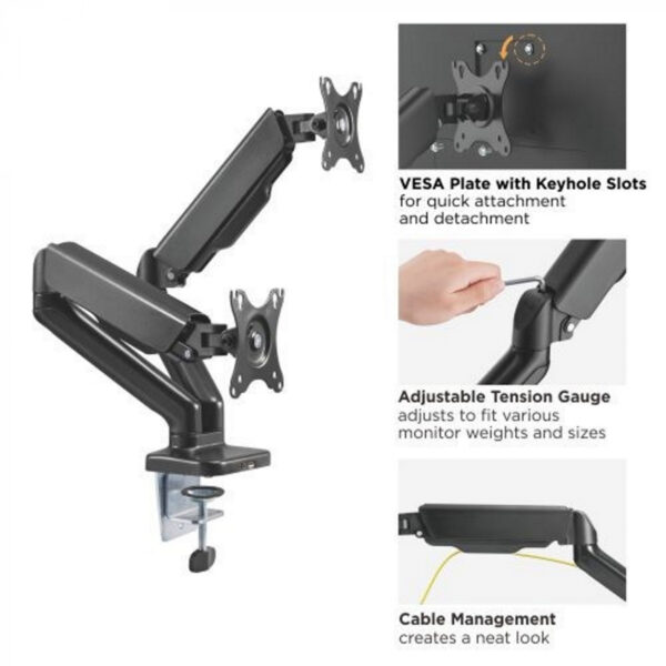   Monitorhalterung 2 Bildschirme Gasfedermechanismus – Monitorarm – USB 2.0 und Multimedia-Anschluss