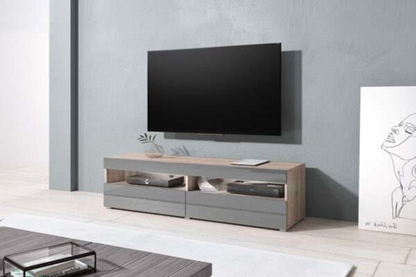   TV Möbel TV Schrank Kubrick 140 cm Korpus hellbraun Frontklappen grau