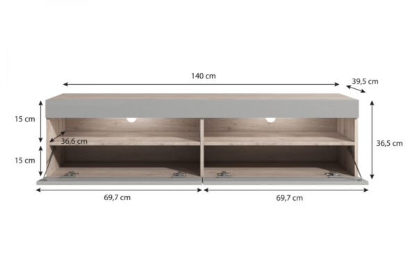   TV Möbel TV Schrank Kubrick 140 cm Korpus hellbraun Frontklappen grau