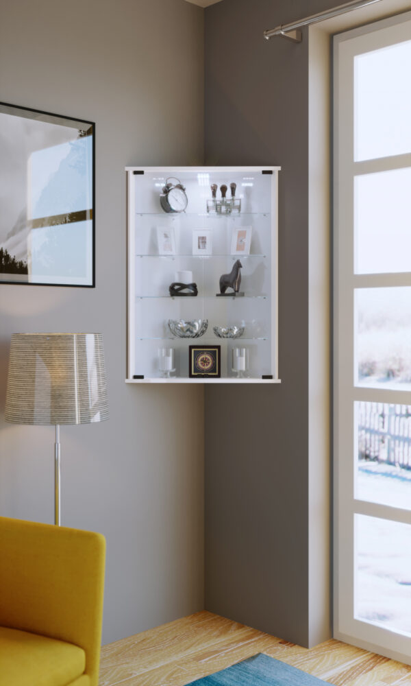   Eckvitrine Vecko weiß stehend oder hängend mit LED-Beleuchtung