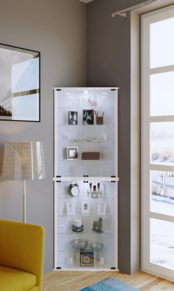   Eckvitrine Vecko weiß stehend oder hängend mit LED-Beleuchtung
