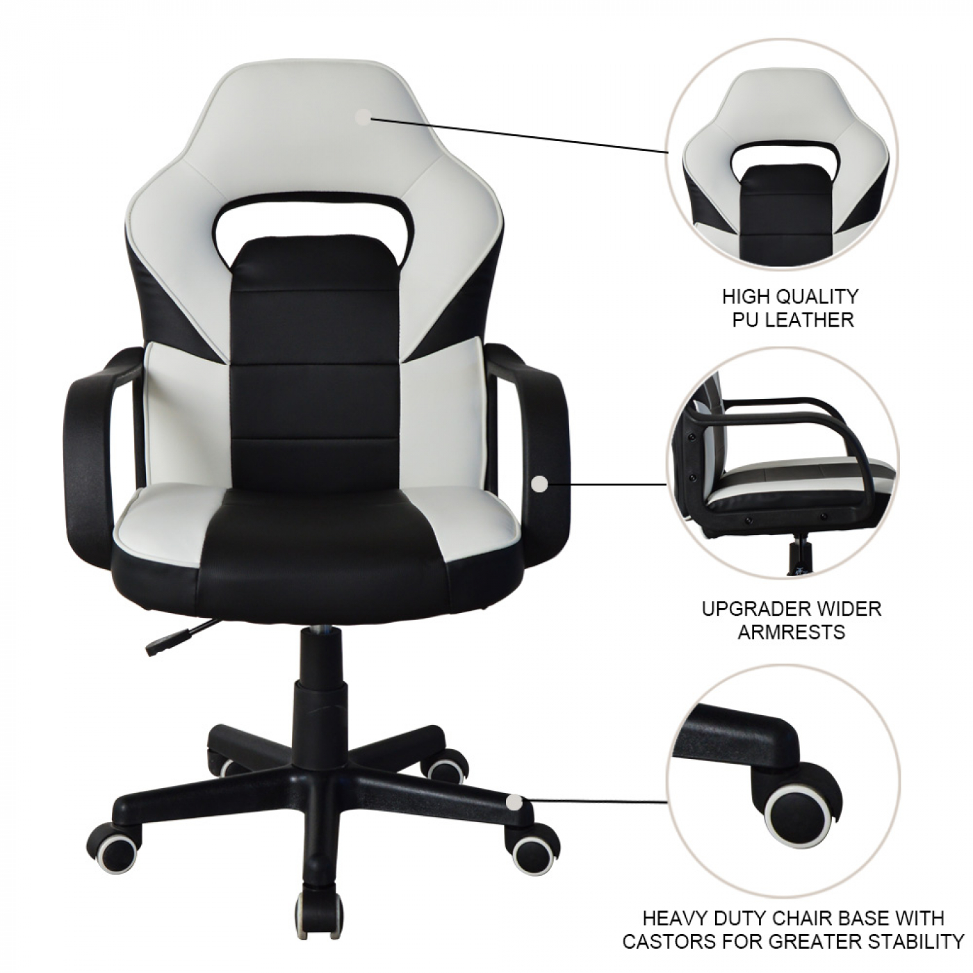 Bürostuhl Thomas Junior - Gaming Stuhl Racing Gaming Style - höhenverstellbar - schwarz und weiß - alternatives Bild