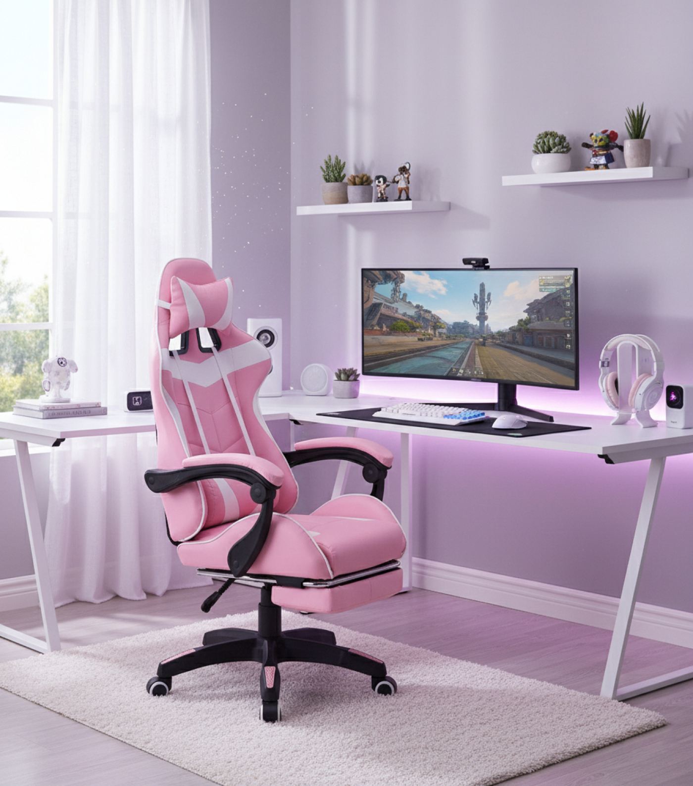Gaming Stuhl Cyclone mit Fußstütze - Bürostuhl - Racing Gaming Stuhl - Pink Weiß - VDD World DE Gaming Stuhl Cyclone mit Fußstütze - Bürostuhl - Racing Gaming Stuhl - Pink Weiß - VDD World DE