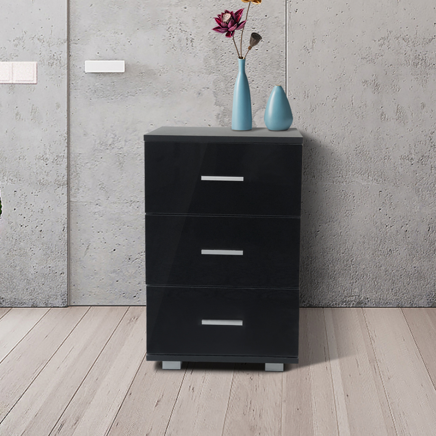Nachttisch Flurschrank 3 Schubladen 63 cm hoch schwarz - alternatives Bild