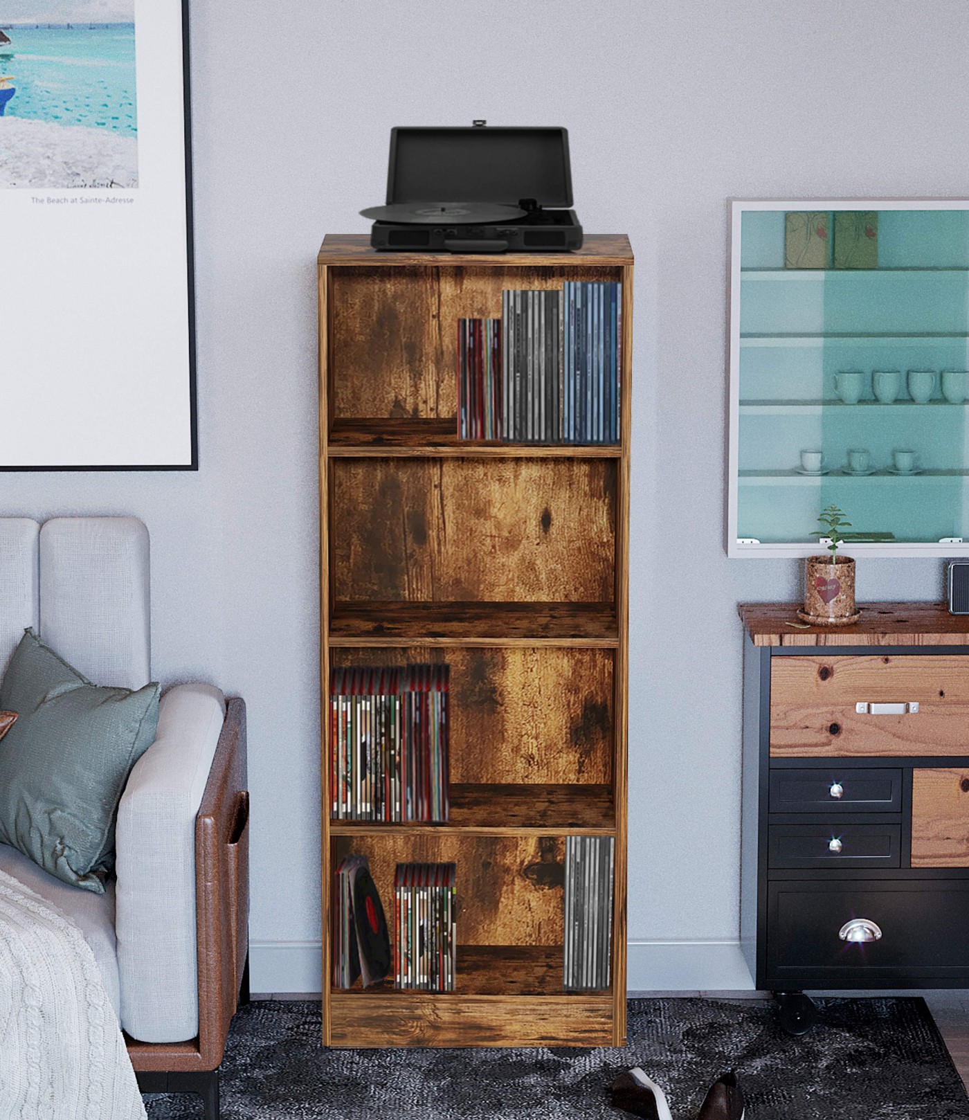 Bücherregal - offenes Regal - Hängeschrank - 130 cm hoch - Nussbaum braun vintage Farbe - alternatives Bild