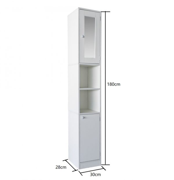   Säulenschrank Badezimmer – Aufbewahrungsschrank Badezimmer oder Flur – mit Spiegel – 180 cm hoch