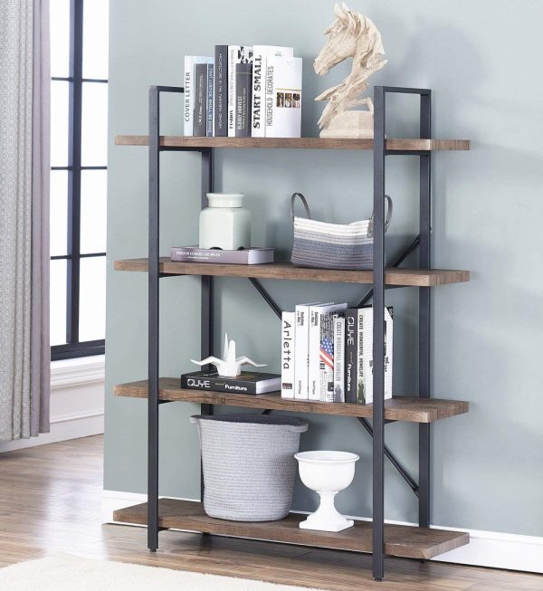   Wandschrank Robustes Metall, Holz, Industriedesign, offenes Bücherregal, 140 cm hoch, schwarz
