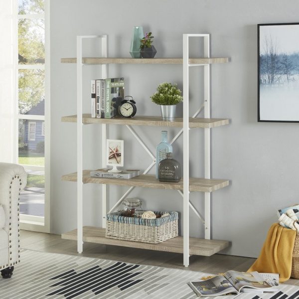   Wandschrank Robustes Metall Holz Industriedesign offenes Bücherregal 140 cm hoch weiß