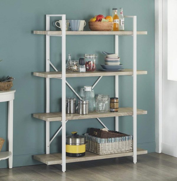   Wandschrank Robustes Metall Holz Industriedesign offenes Bücherregal 140 cm hoch weiß