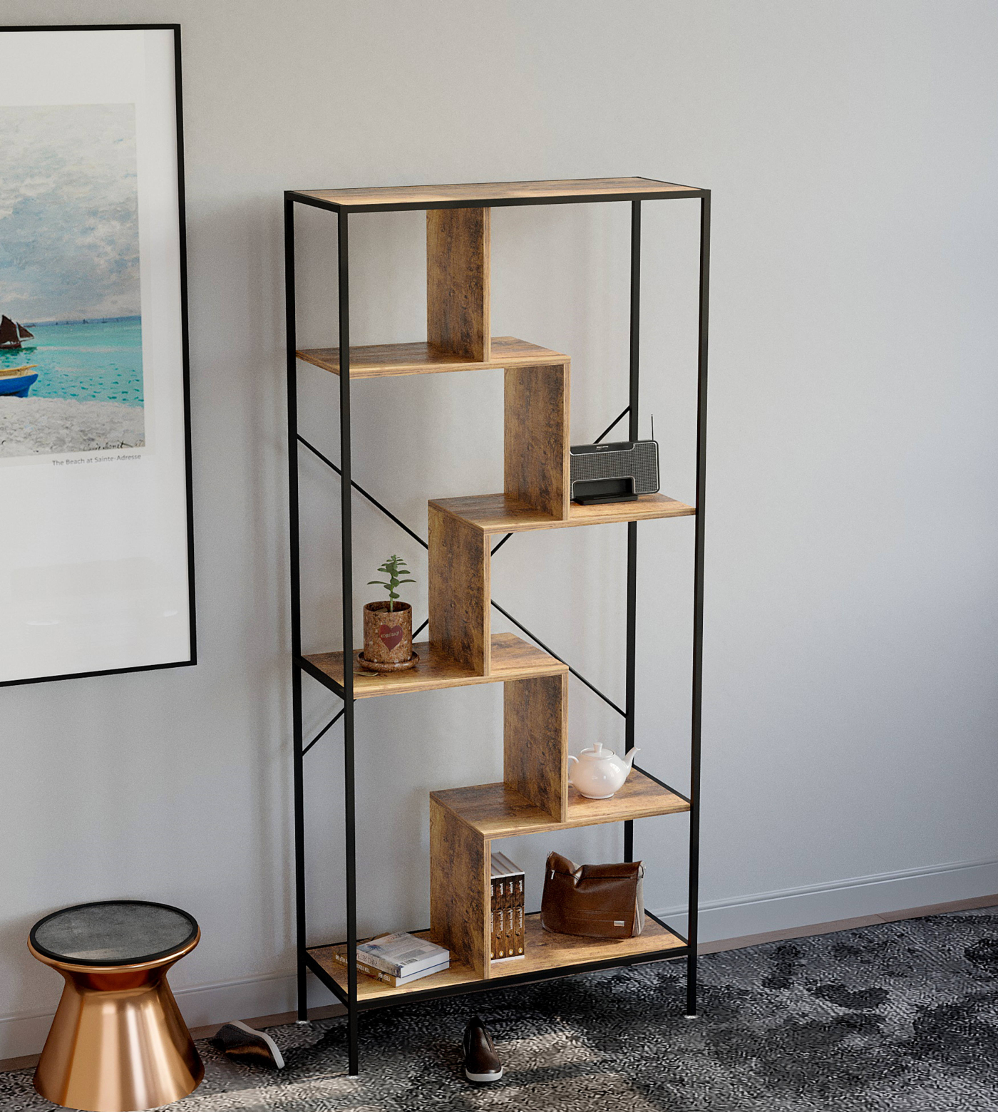VDD Bücherregal Wandschrank Stabil - industriell - Metall Holz - 180 cm hoch - alternatives Bild