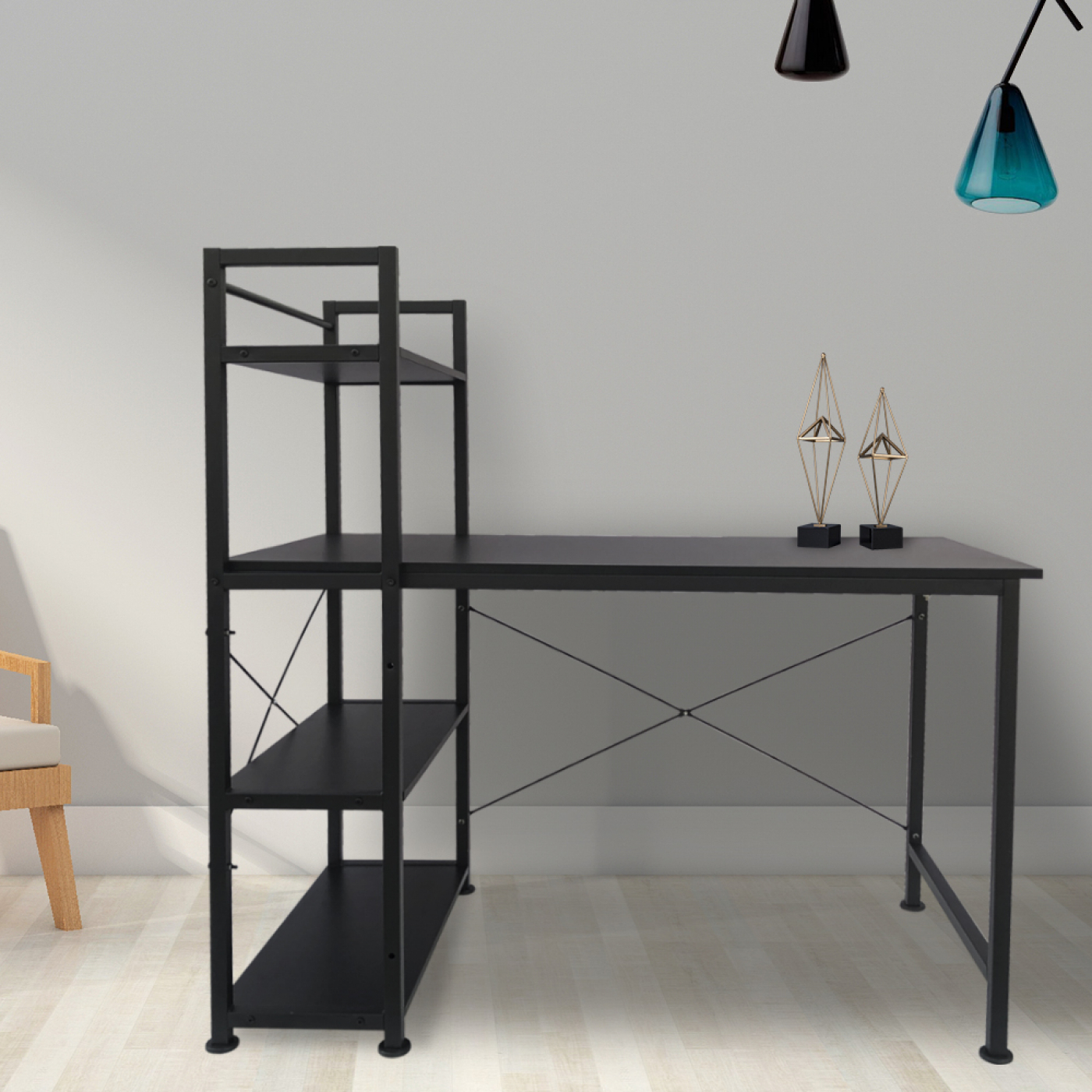 Schreibtisch Computertisch Tough - 3 Lagerregale - Industrial Modern - Metall Holz - Schwarz - alternatives Bild