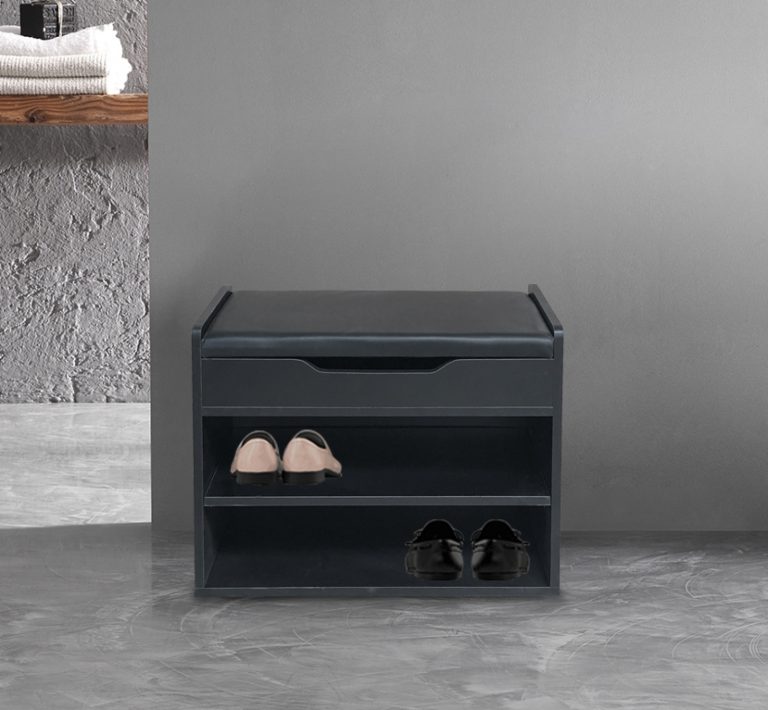 Schuhregal Hallenbank - offener Schuhschrank - mit klappbarem Sitzkissen - schwarz - alternatives Bild