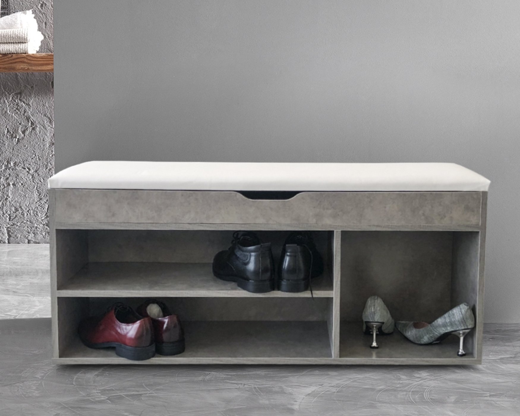 Schuhschrank Flurbank mit Stauraum - Schuhregal mit Sitzkissen - graue Betonoptik - alternatives Bild
