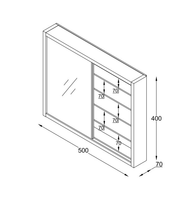   VDD Vitrine stehend Hängevitrine – Glasböden 50 cm breit x 4,5 tief – Schiebetüren