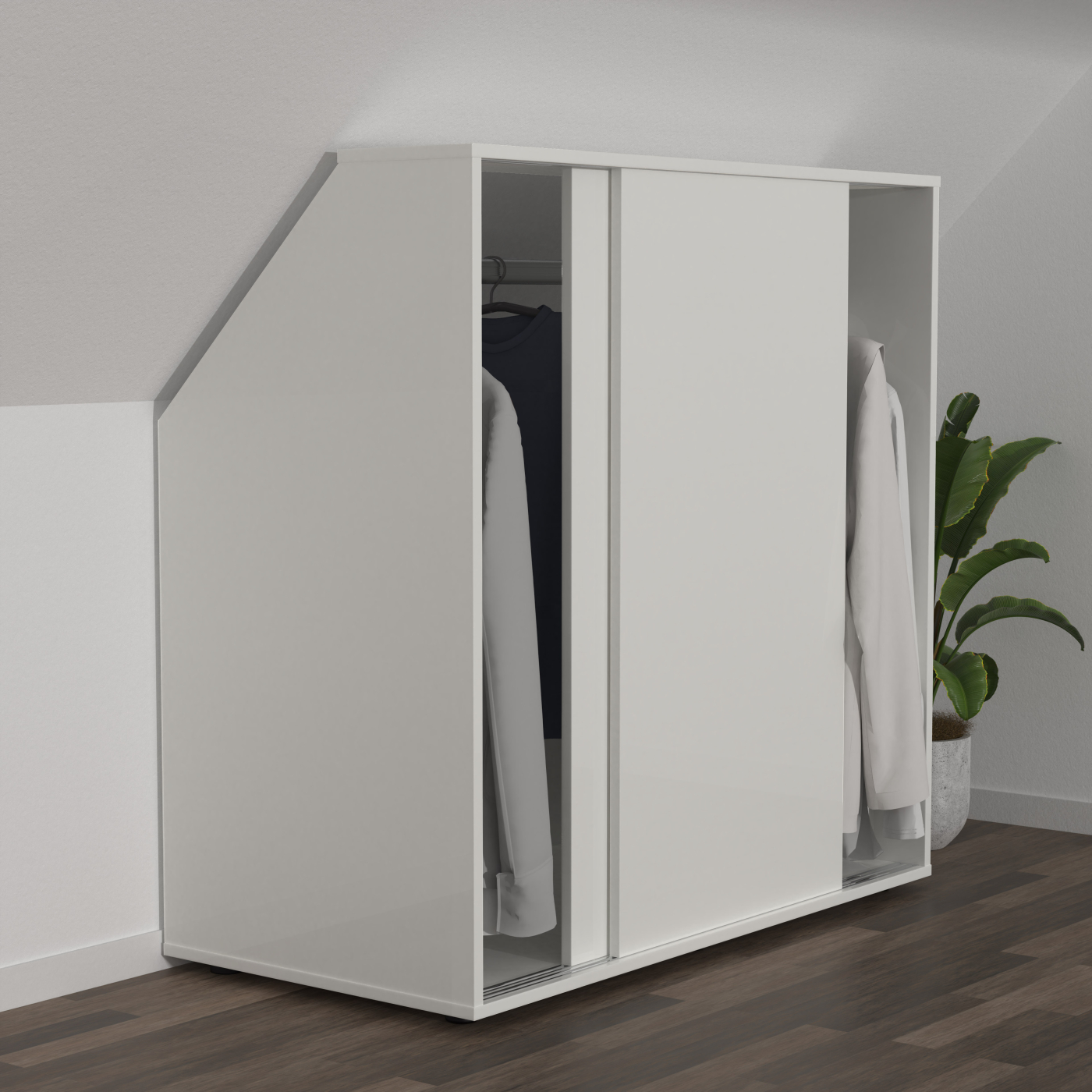 VDD – Schrägwandschrank – Kleiderschrank – Kleiderschrank weiß – Kleiderschrank mit Schiebetüren - alternatives Bild