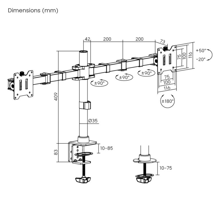 VDD - Schwerlast-Monitorarm - max. 20 kg - max. 49 Zoll - 2 Monitore - alternatives Bild