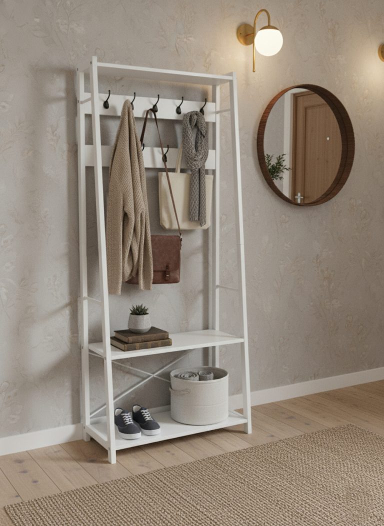 Elegante weiße Garderobe mit Sitzbank und Schuhregal – platzsparend und stilvoll! - alternatives Bild