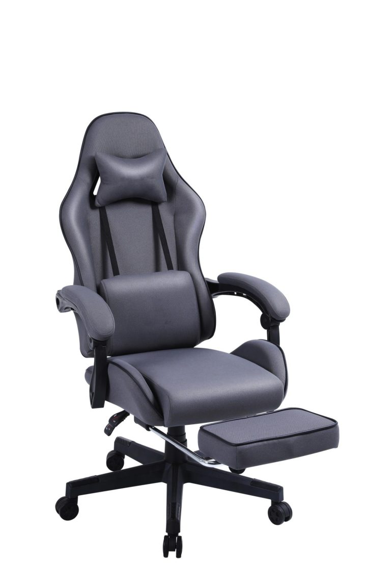VDD – Gaming-Stuhl mit Fußstütze – gepolsterte Armlehnen – höhenverstellbar – Massagekissen – grau
